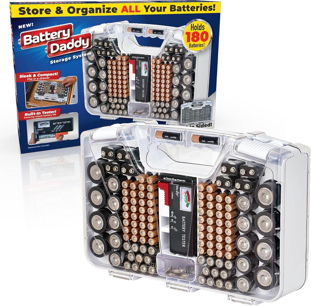 Battery Daddy Storage & Organizer Case with Tester, Stores & Protects Up to 180 Batteries, Double-Sided, Clear Locking Lid, Secure Latches & Portable Carrying Handle - White (Batteries Not Included)