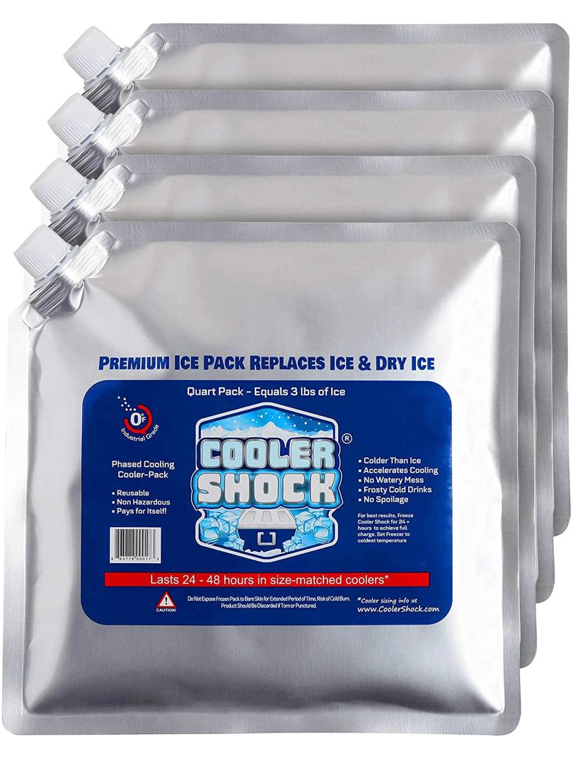 Cooler Shock Reusable Ice Packs for Cooler - Long Lasting Cold Freezer Packs for Coolers and Lunch Boxes - Cooler Ice Packs for Camping Gear, Fishing, Road Trips, Beach Must Haves, 4 Pack