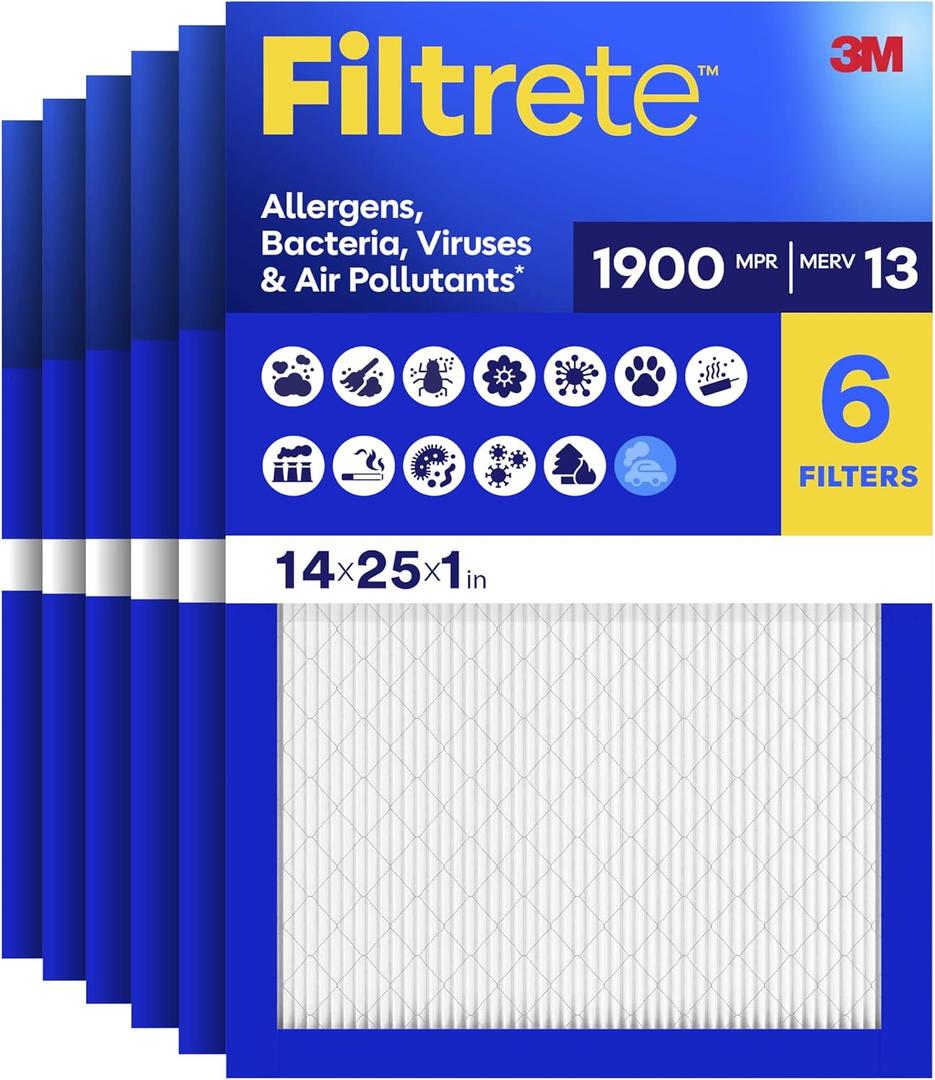 Filtrete 14x25x1 Air Filter, MERV 13 MPR 1900, Allergens, Bacteria, Viruses & Air Pollutants, 3-Month AC/Furnace Filters, Cleaner Air Reliable Airflow, 6 HVAC Filters(Act Size 13.62x24.62x0.78 in)