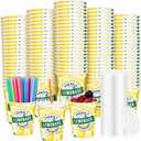 Meanplan 300 Pieces/100 Sets Lemonade Cups with Lids and Straws Disposable Cups for Party Decorative Lemon Paper Cup Lemonade Stand Supplies for Water Juice Kitchen Coffee Birthday Decorations (9 oz)