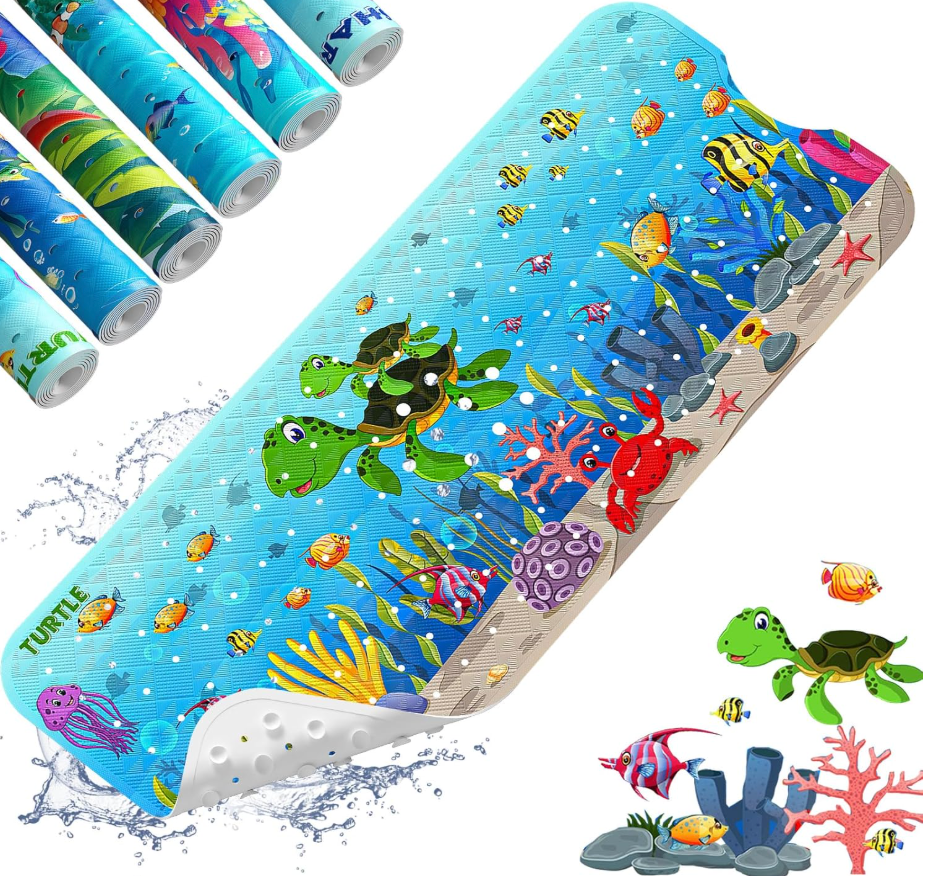 Baby Bath Mat for Tub Non Slip Kids,  Extra Long Cartoon Bathtub Mat Non Slip Kids Shower Mat Eco-Friendly Toddler Bath Mats with Suction Cups, Machine Washable, Sea Turtle