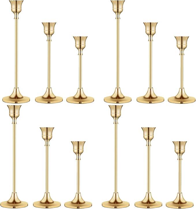 Vintage Gold Brass Taper Candle Holders for Candlesticks, Fireplace & Party 4sets (12pcs) Gold
