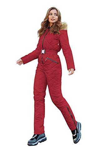 Yousify Womens Winter Ski Suit One Piece Hooded Fur Collar Ski Jumpsuit Snowsuit Outdoor Sports Coat, Small