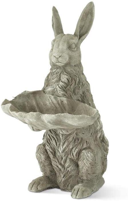 Distressed Stone Look Garden Bunny Rabbit Holding Leaf Tray