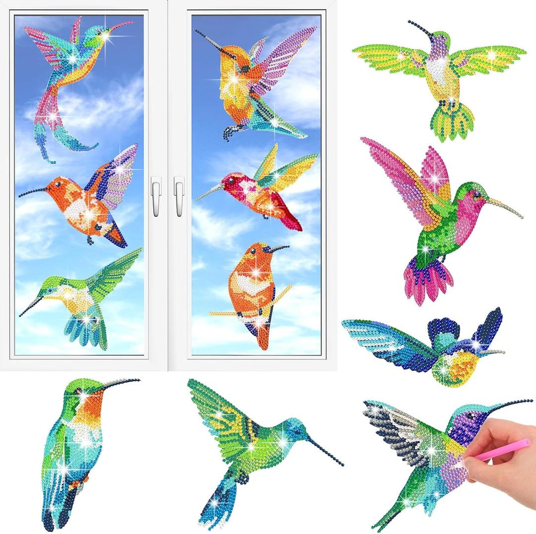 Ireer 12 Pcs Hummingbird Diamond Painting Hummingbird Stained Glass Window Clings Diamond Painting Kits Window Stickers DIY Art Accessories for Crafts Home Wall Decoration