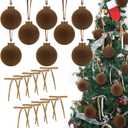 25 PCS Brown Velvet Christmas Ornaments, 3.15" Christmas Balls 15 PCS Brown Flocked Ornaments and 10 PCS Vintage Bows Velvet Ornaments for Xmas Tree Wreath Garland Decor