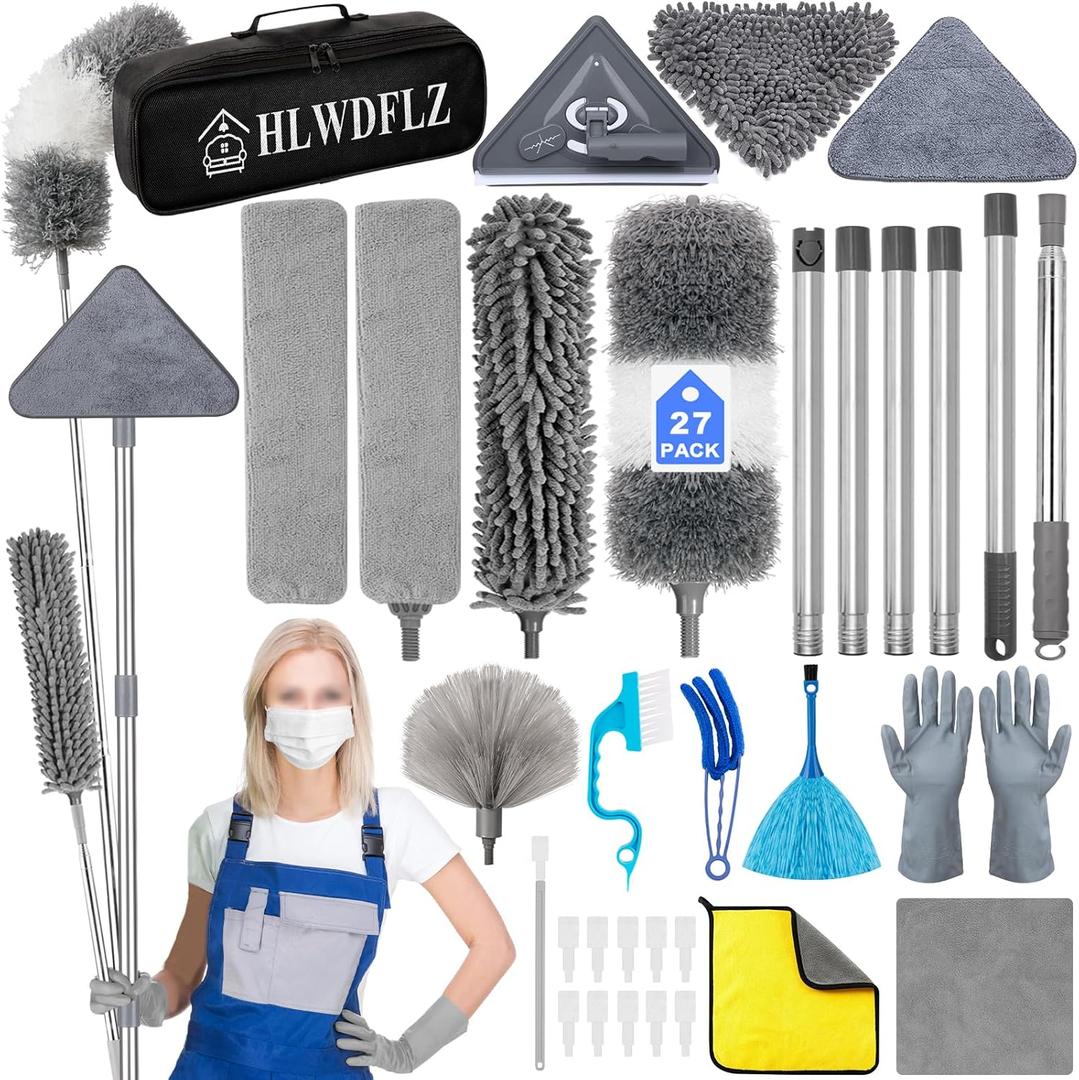 Microfiber Duster Kit 27pcs with 30 to 100 Inches Extension Pole and Wall Cleaner Mop, Washable and Bendable Feather Duster for Cleaning Ceiling Fans, High Ceilings, Cobwebs, Blinds, Grey (Gray)