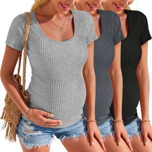 3 Pack Womens Maternity Shirts Summer Short Sleeve Ribbed Pregnancy Clothes Trimesters or Postpartum Cotton Tees (S)