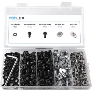 200pcs 2020 Series M5 T Nut and Black Screw Kit  Sliding & Drop-in T-Nuts, M5x8 & 10mm Black Screws, Washers, Hex Wrench  for 6mm T-Slot Aluminum Extrusion Accessories Extruded Aluminum Hardware