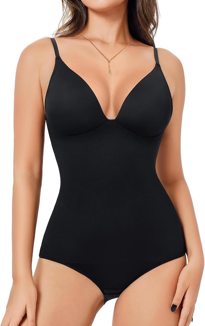 Irisnaya Women's Plunge Deep V Neck Bodysuits with Built in Bra Sleeveless Double Lined Body Suits Tops (Black, L)