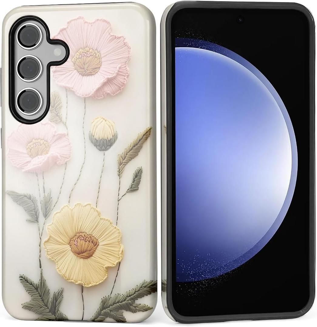 Case for Samsung Galaxy S25 Case,Faux Embroidery Boho Floral Design Hybrid Dual Protection Silicone Hard PC Shockproof Full Body Cover Anti-Scratch Protective Case for Men Women