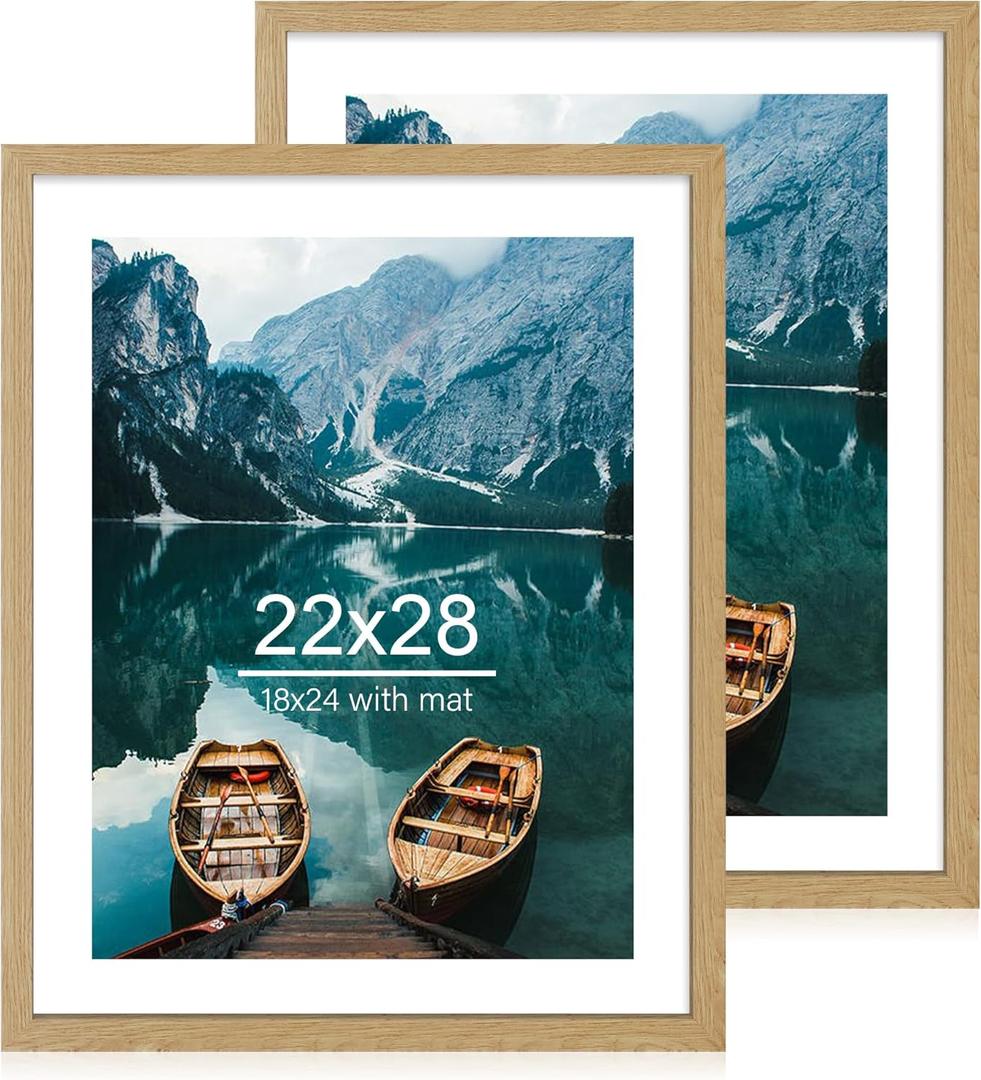 22x28 Frame Set of 2, Natural Oak Wood Style - Display 18x24 Picture Frame with Mat or 22 x 28 Poster Frame without Mat, Wall Mounting Horizontal and Vertical