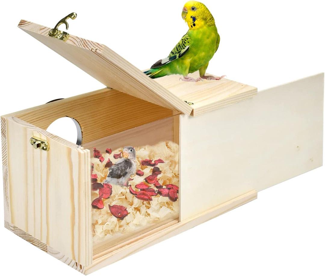 Parakeet Nesting Box Cockatiel Nesting Natural Pine Bird Nest Bird Breeding Box House Acrylic Transparent Bird Box with Detachable Wooden Board for Lovebirds Cockatiel Budgie Conure Parrot S (S(9.1*5.7*5.7 inch))