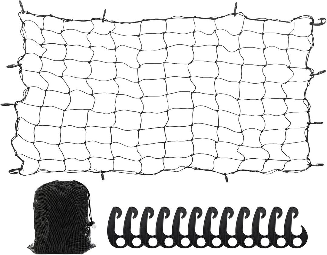 6' x 5' Heavy Duty Bungee Cargo Net Stretches to 12' x 10' -Latex Truck Bed Mesh with 12Pcs Free Adjustable Hooks for The Secure Carrying on Roof Luggage Rack,Cargo Carrier and Pickup Truck Bed