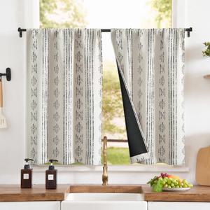 jinchan 100% Blackout Boho Kitchen Curtains 24 Inches Cafe Tier Curtains Bohemian Small Drapes for Bedroom RV Basement Half Window Room Darkening Thermal Insulated 2 Panels Black on Beige