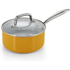 Cook N Home Nonstick Sauce Pan with Glass Lid, 3-Quart Small Saucepan Hard Anodized Non Stick Ceramic Cookware, Induction Cooking Pots and Pans with Stay-Cool Handles, Cacerola, Yellow