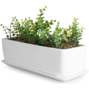 MyGift 14 Inch Ceramic Indoor Plant Pot with Drainage Hole, Rectangular Succulent Planter Window Box with Removable Saucer, Unglazed White