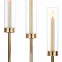 Hewory Gold Candle Holders, 3Pcs Hurricane Candlestick Holders with Glass Candle Cover for Wedding Table Centerpiece Christmas Decor