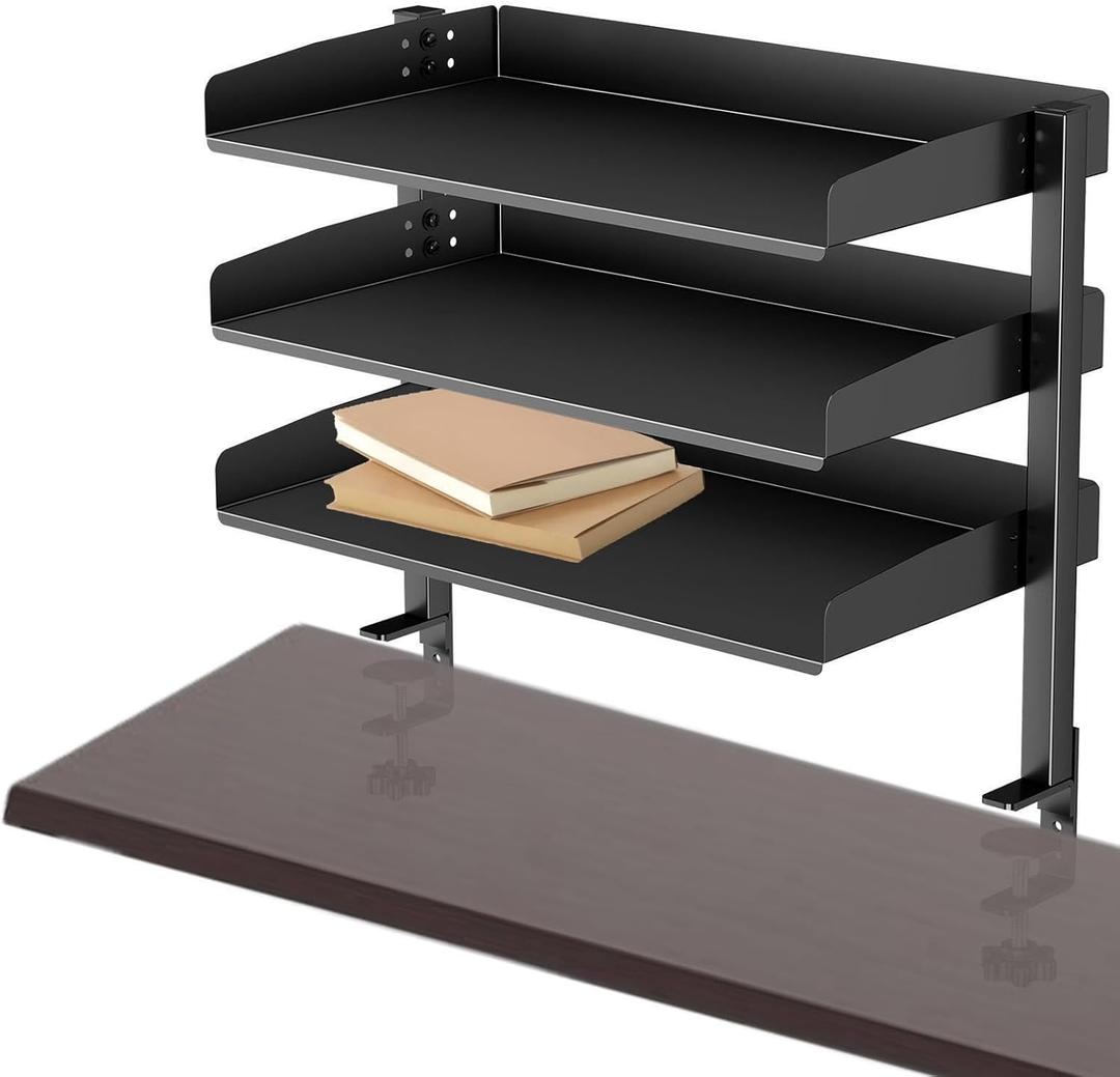 Yuxh Clamp on Desk Shelf 17 inch, Clip on or Under Lightweight Bookshelf for Table Side, Organize Office Workbench, Large,3 Tier