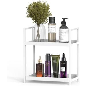 Bathroom Organizer Countertop, 2 Tier Counter Storage Shelf for Makeup Perfume Skincare Cosmetic Beauty Product, Small Vanity Countertop Tray Stand Rack Holder for Bathroom Sink Dresser, White