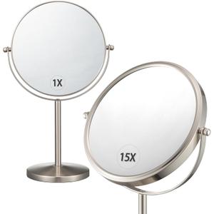 ALHAKIN 1X/15X Magnifying Makeup Mirror, Double Sided Mirror with Stand, Tabletop Desk Mirror 360Rotation for Bathroom, Nickel