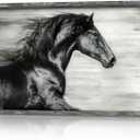 Running Horse Wall Art Framed - Black White Wildlife Prints Wild Animal Portrait Picture Painting Wooden Artwork Decor for Living Room (36"L x 24"W)