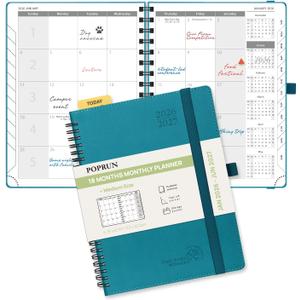 POPRUN Monthly Planner 2026-2027 (Medium 6.5" x 8.5") 18 Months Calendar Book(Jan 2026 - Jun 2027) - 4 Pages per Month with Expense & Notes, Stair-like tabs, Leather Cover, Sunday Star-Pacific Green