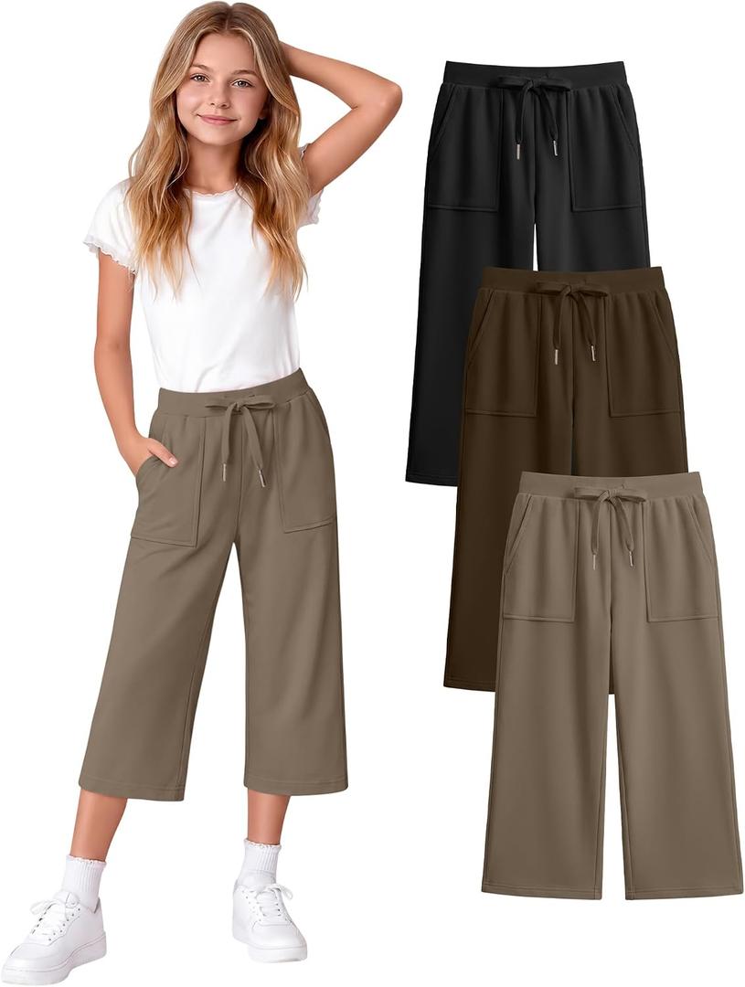 3 Pack Girls' Capri School Pants | Straight Leg, Athletic, Casual, Cropped Sweatpants, with Pockets, Summer, Loose, Back to School, Joggers, for Girls 5-14Y
