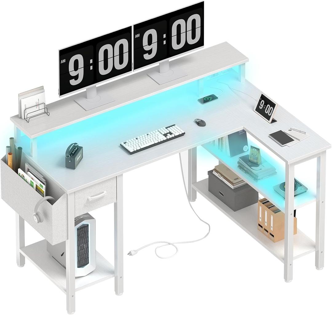 Lufeiya White L Shaped Gaming Desk with Fabric Drawers and Storage Shelves, 47 inch Home Office Desk with Monitor Stand, Computer Desk with LED Lights and Power Outlets, White