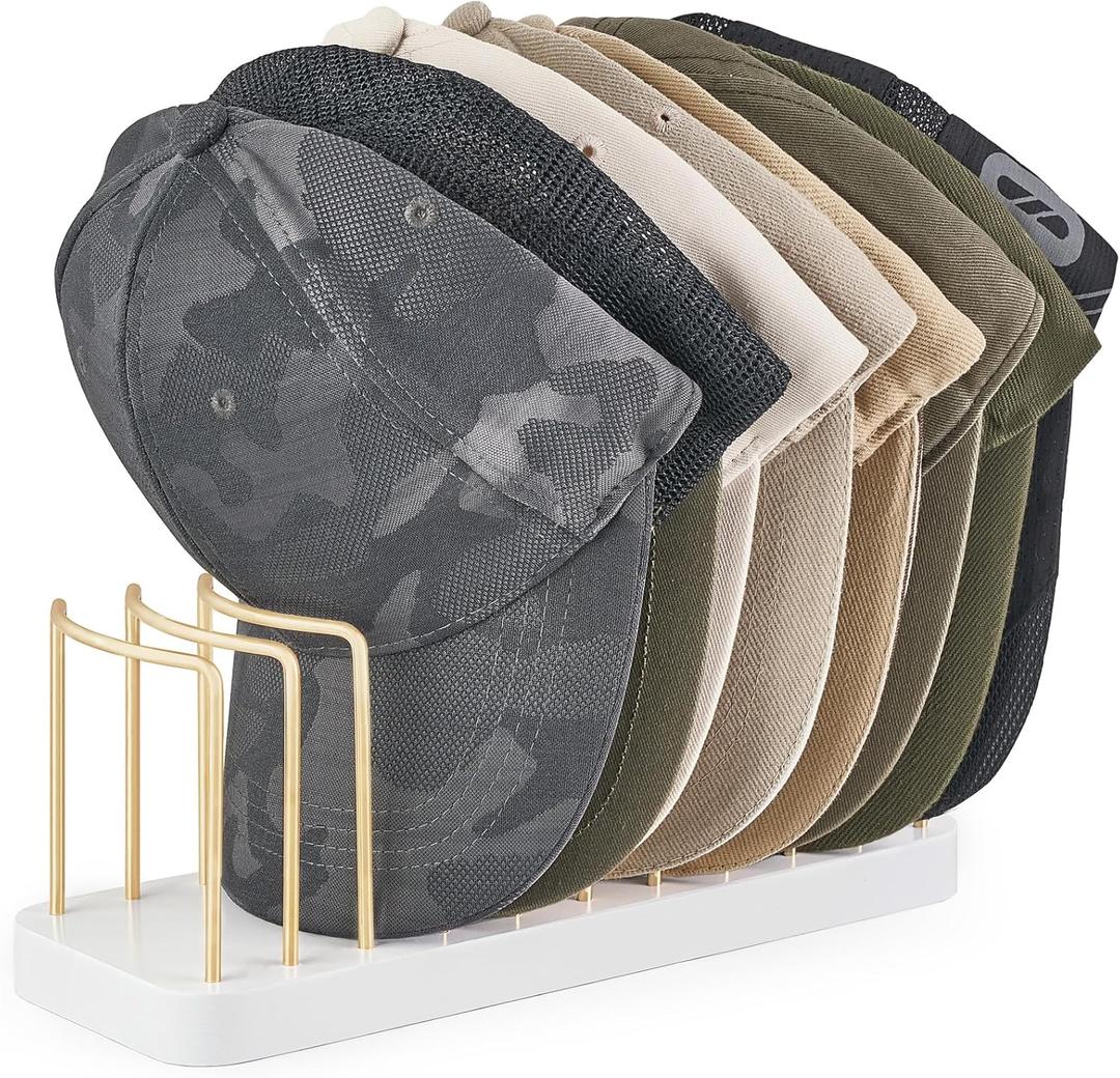Mkono Hat Organizer for Baseball Caps, Hat Holder for 10 Baseball Caps, Tabletop Hat Rack Stand Storage Display Cap Organizer for Desk Closet Shelf Dresser White (Small)