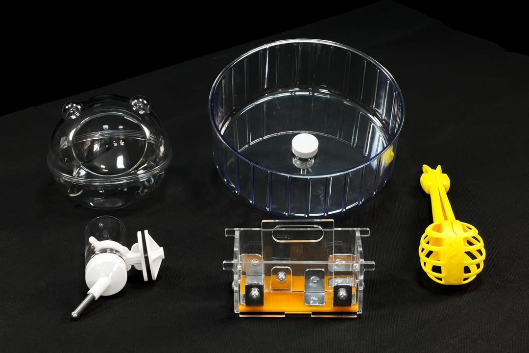 GuineaLoft Hamster/Mice/Gerbil Pack (V2) - Includes 8.4-Inch Exercise Wheel, Water Bottle, Basket Feeder, Sand Bath Bowl, Hamster Grabber - Visit The Store for More