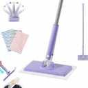 Snap Grip Mini Mop, Uses Disposable Face Towel with One-Button Clamping, Hands-Free Replacement, Automatic Cloth Changing Mini Mop, Portable Wet Dry Mops for Home Bathroom (Purple, 27.9in)