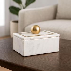 Decorative Marble Box with Knob for Home Decor - Keepsake Box with Brass Inlay and Lid for Trinkets, Jewelry, and Home Organizer - Storage Boxes for Shelves and Living Room Accent - 6", White & Gold