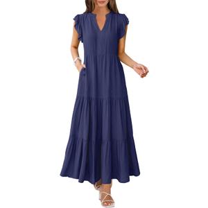 ANRABESS Womens Summer Casual Maxi Dress V Neck Ruffle Sleeve Long Dresses Fashion Flowy Tiered Boho Beach Vacation Sundress Navy Blue X-Large