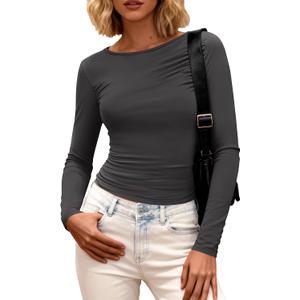 BTFBM Womens Tops 2025 Fall Clothes Long Sleeve T Shirts Boat Neck Ruched Slim Fit Casual Stretchy Going Out Outfits (Gray, M)