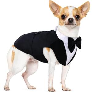 PUMYPOREITY Small Dog Bowtie Tuxedo Suit, Cat Tuxedo & Bandana Set for Chihuahua, Boston Terrier, Bichon, Corgi, Pomeranian, 2 Pieces/Pack, S, Black