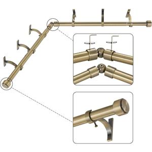 Antique Bronze Corner Window Curtain Rods with Aluminum End Cap Finials and Brackets,1 Inch Diameter Bay Window Curtain Rods,2 Sided 36-72 Inch Adjustable Drapery Rod