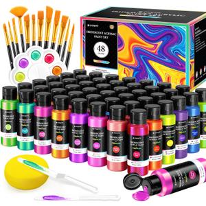 64 PCS Iridescent Acrylic Paint Set with 12 Brushes, 2 Knives & Palette, 48 Colors (2oz/60ml) Art Craft Paint for Adults Artists Beginners, Canvas Ceramic Rocks Wood Painting Kit Art Supplies