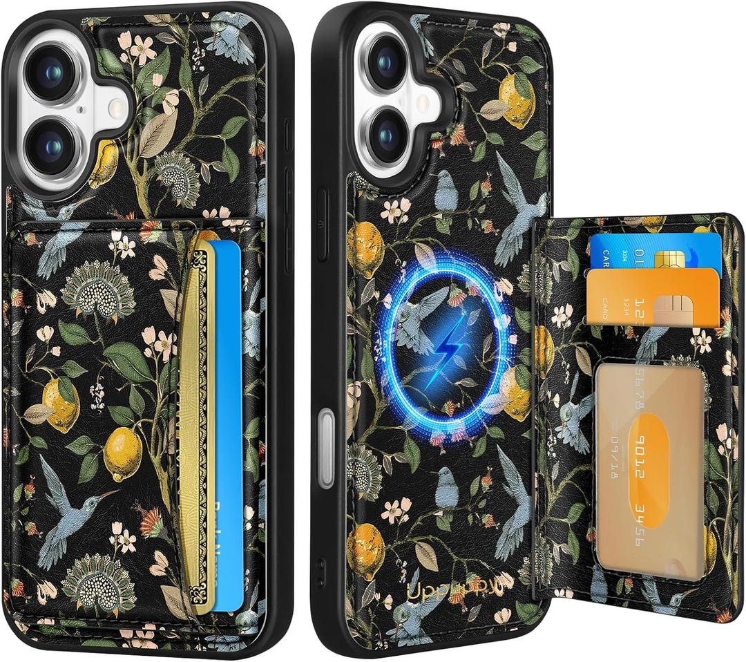 for iPhone 16 Wallet Case - Fits 4 Card Slots, Compatible with MagSafe for Women Aesthetic Durable PU Leather Credit Card Holder Kickstand Phone Cover for Apple 16, Lemon Bird