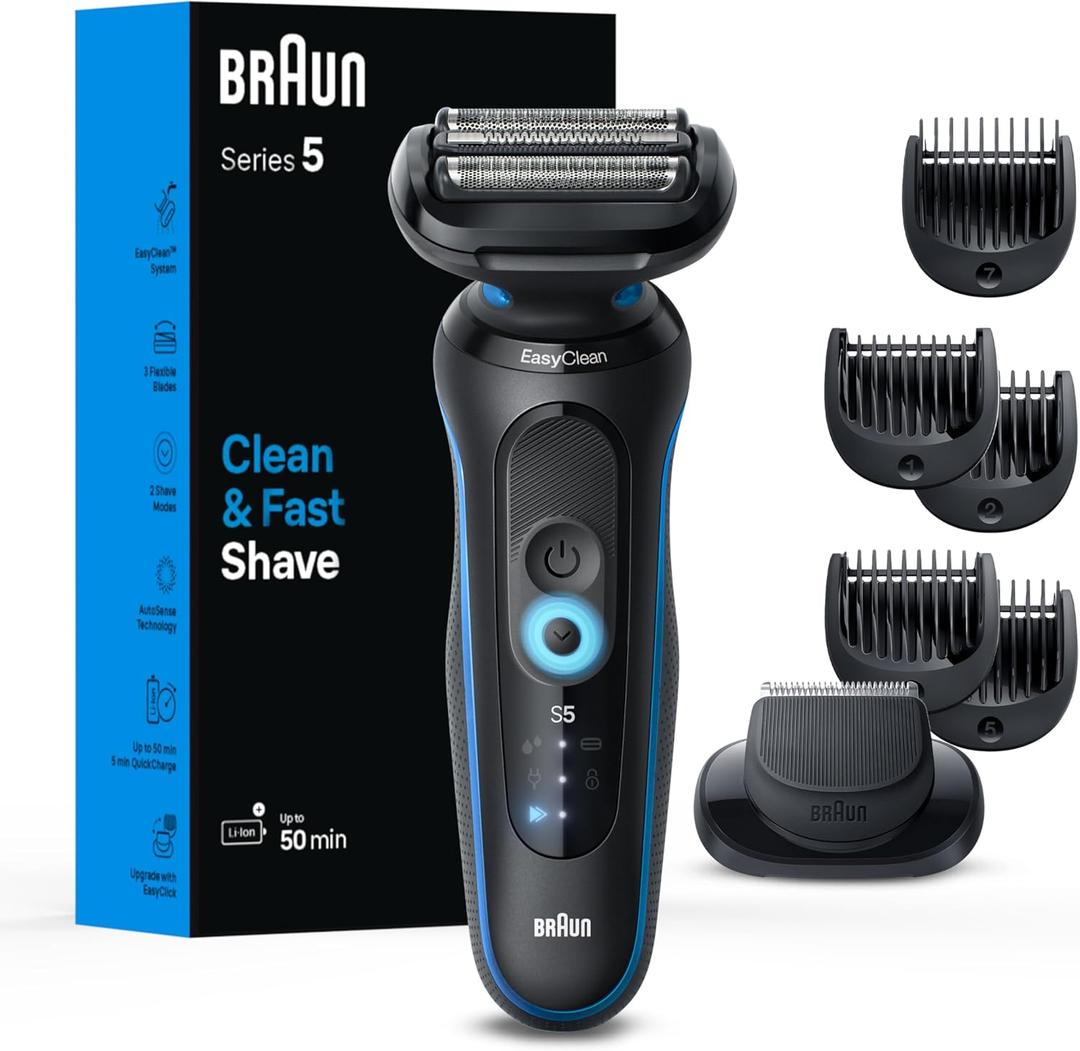 Braun Electric Shaver for Men, Series 5 5120s, Wet & Dry Shave, Turbo Shaving Mode, Foil Shaver, Engineered in Germany, with Beard Trimmer & Attachments, Blue (7 Piece Set)