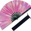 Large Rave Fan, Clack Folding Hand Fan with Premium Fabric, Thick Bamboo Frame for Men Women Gift for EDM, Festival, Club, Party, Dance, Decoration (Lridescent Pink, 13")