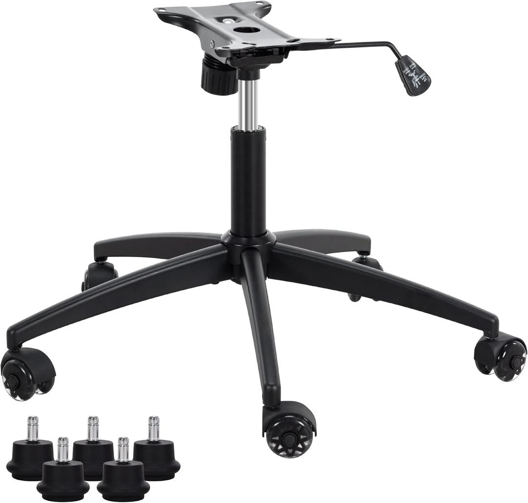 Frassie Heavy Duty Gaming Office Chair Metal Base Set Replace Part with Bottom Plate Stand Cylinder, 5 Wheels Bell Glides Replacement (Black)