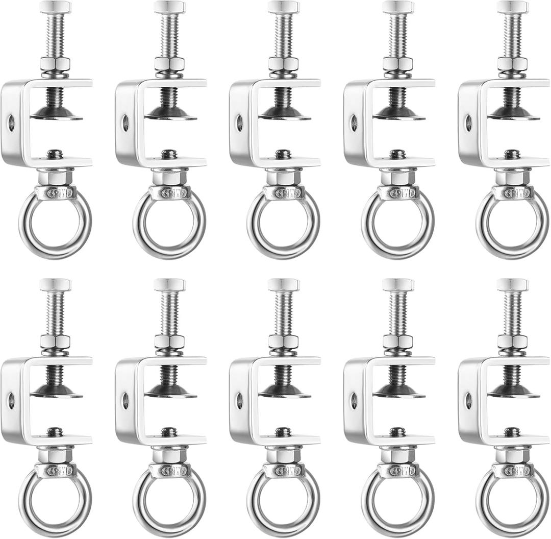 10PCS C-Clamps, Stainless Steel Beam Clamp with M8 Stainless Steel Screw Ring, I-Beam Design Cable Hangers Universal Desk Clamp Conduit Hanger for Metal Mounting Household