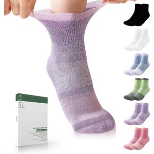 Bulinlulu Bamboo Viscose Diabetic Socks for Women&Men,6 Pairs Non Binding Diabetic Ankle Socks,Wide Socks (Large, Pale Purple/Purple/Green/Orange Red/Black/White)