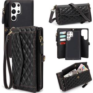 for Samsung Galaxy S25 Ultra Wallet Case for Women, Support Wireless Charging with RFID Blocking Card Holder, PU Leather Wallet Detachable Magnetic Phone Case Crossbody Strap, (Black)