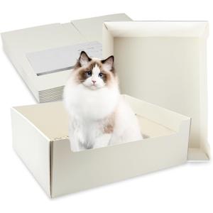8 Pack White Disposable Litter Boxes for Cats, 14.8 Inch Foldable Paper Kitty Tray with Scoop, Waterproof Cardboard Travel Litter Box for Cats Small Pets - Low Entry