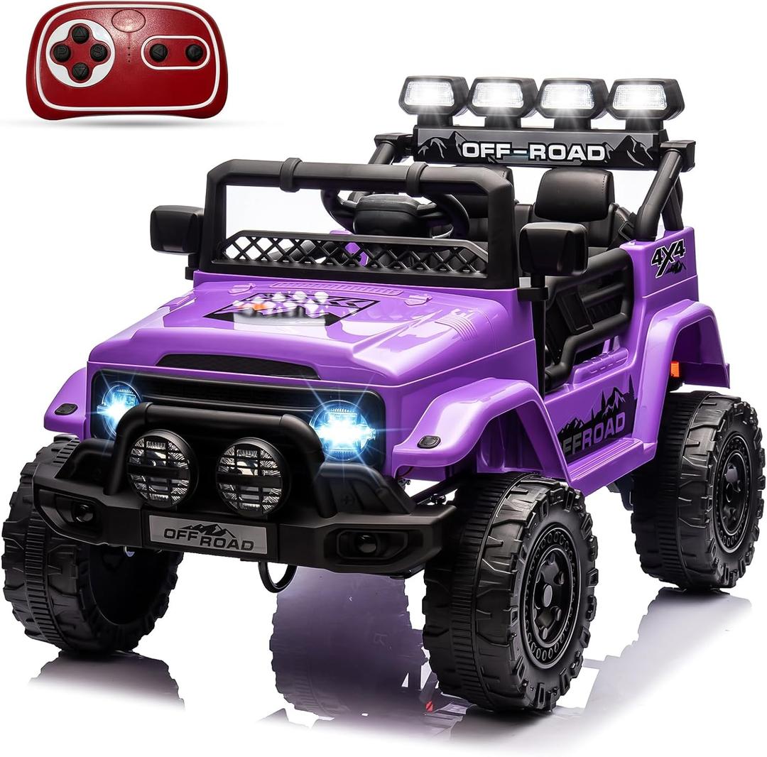 12V Kids Ride On Car for Kids Ages 37-96 Months, Electric Truck Ride On Toys with 5MPH Max Speed, Remote Control, Accelerator Pedal, Treaded Tires, Steering Wheel, Music and Story, Purple