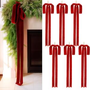 Janinka 6 Pcs Red Large Velvet Christmas Swag Bow 31.5 x 23.6 inch Vintage Christmas Ornament Rustic Velvet Staircase Wreath Bows Xmas Tree Topper Bows Large Bow for Outdoor