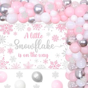 kreat4joy A Little Snowflake Is on the Way Baby Shower Decoration, Winter Baby Shower Decorations Girl Pink White Silver Backdrop Balloon Arch Snowflake Stickers for Wonderland Frozen Gender Reveal