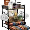 Coffee Station Organizer for Countertop, 2 Tier Coffee Pod Organizer Holds Up To 60 K, Matcha Station, Mug Cup Holder Stand with 6 Hooks, Multifunctional Shelf for Tea Coffee Bar Accessories (1 Piece)